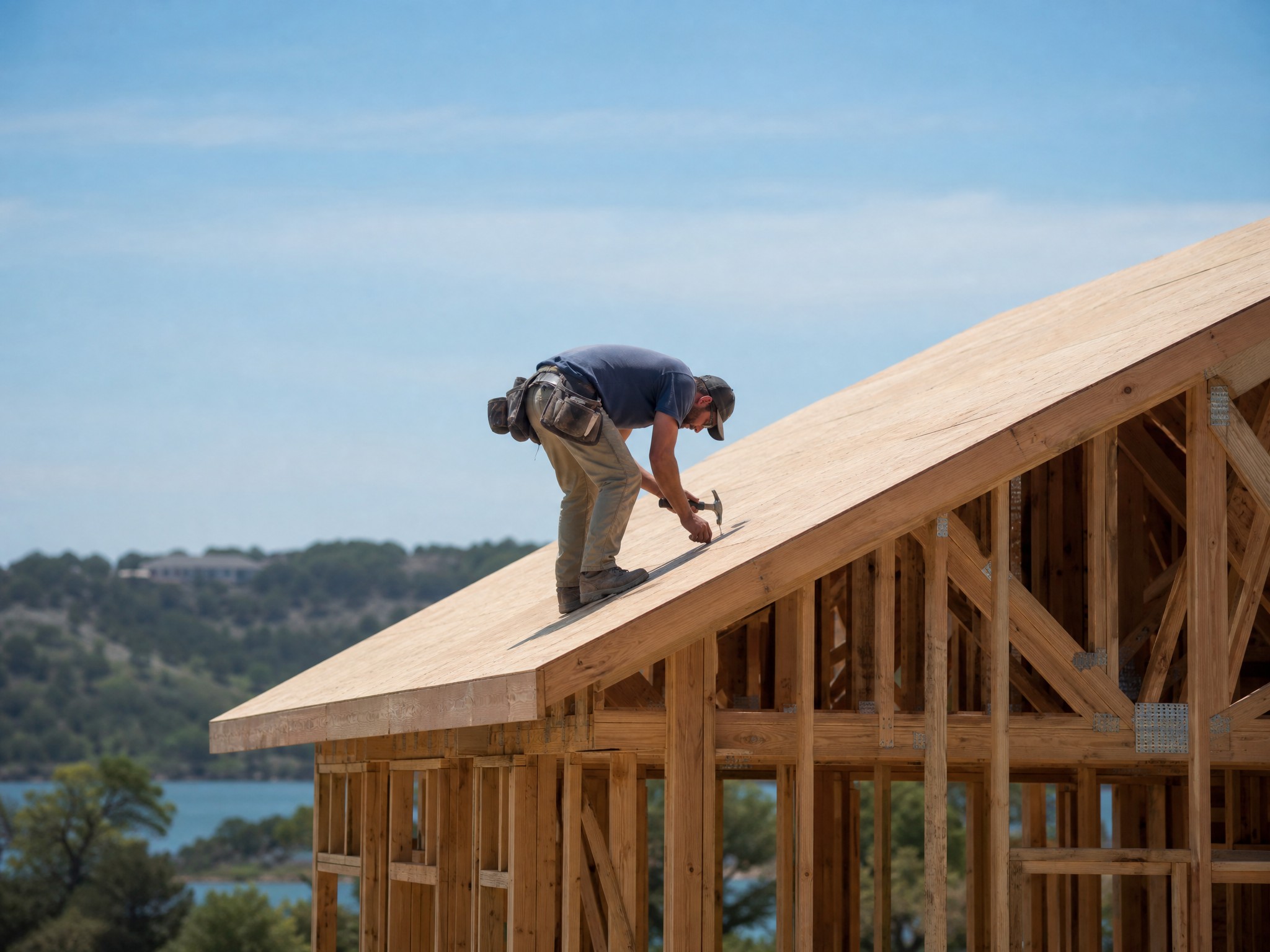 New home under construction with fresh roof decking in Central Texas