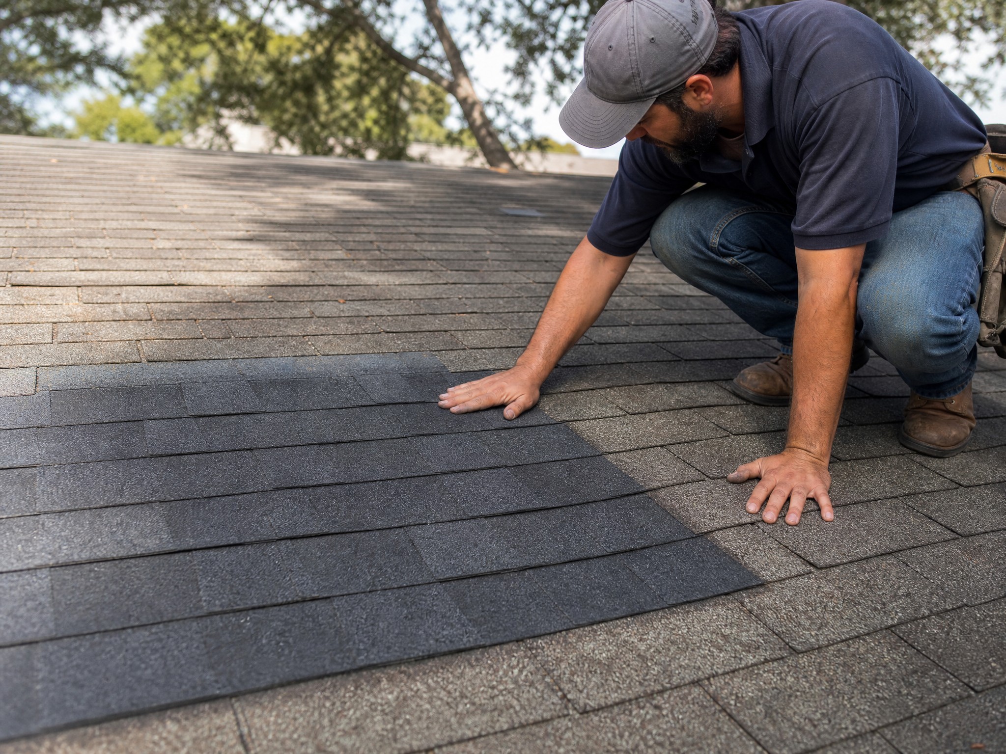 Roofer comparing a repaired section against an aging roof on a Texas home
