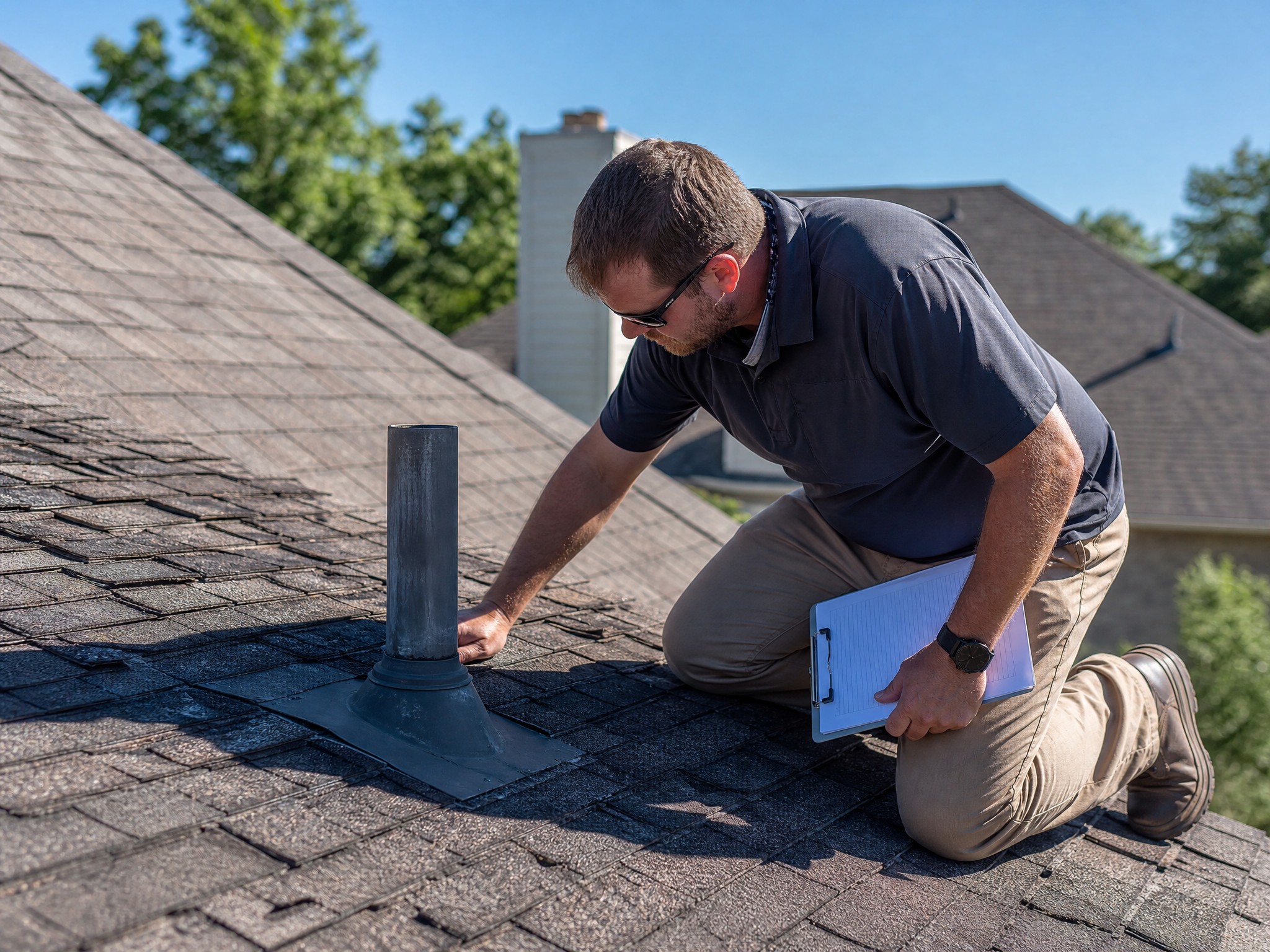 Roof inspector examining shingles and flashing on a Central Texas roof